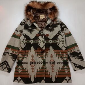 Vintage Up Country Aztec Tribal Pattern Hooded Coat with Faux Fur Trim XL